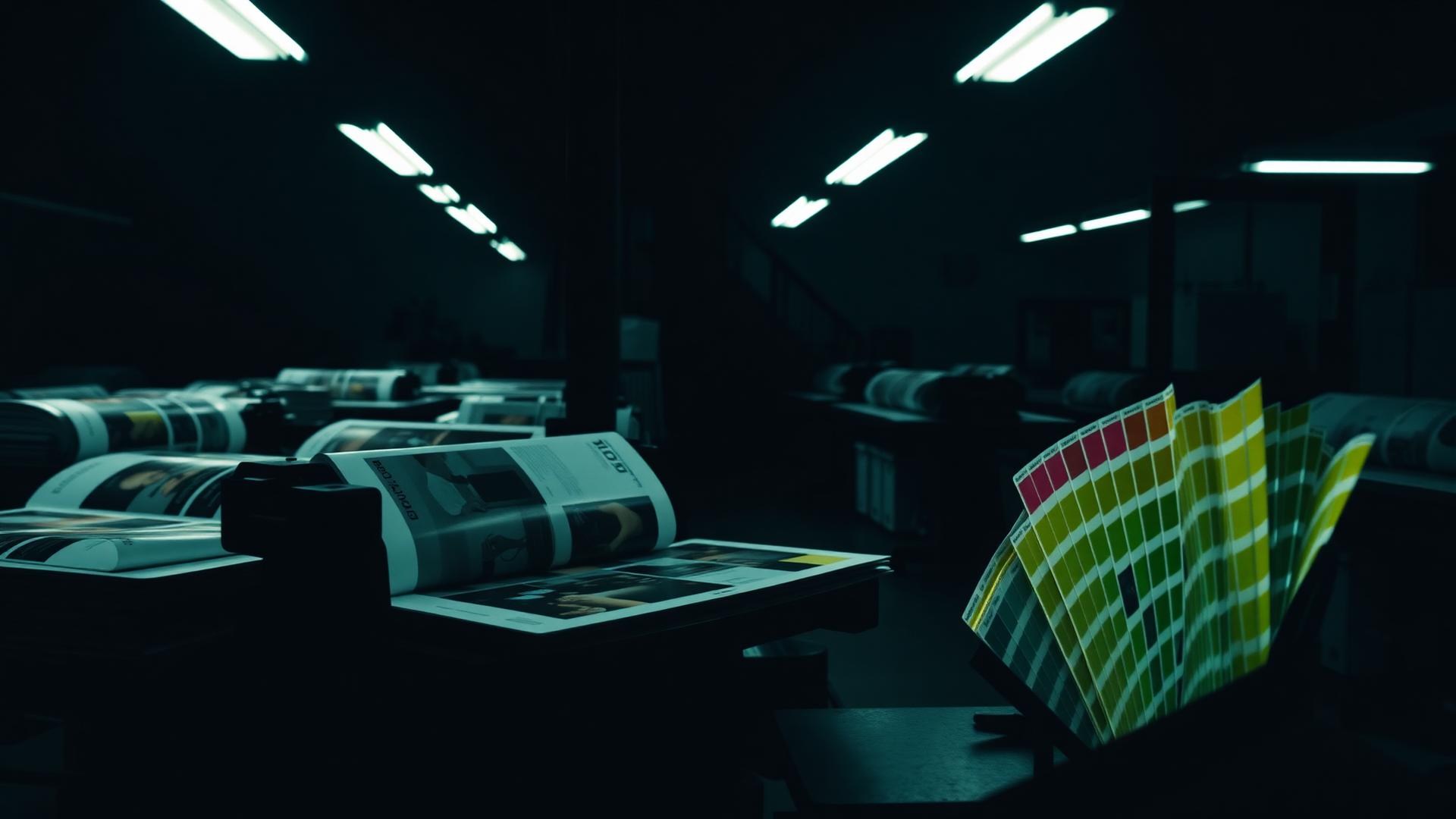 Print production floor with editorial spreads and Pantone swatches